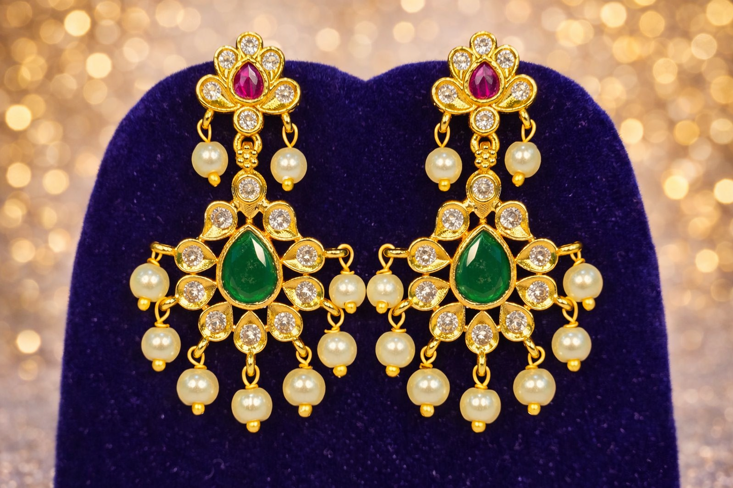 NERONI Gold-Plated Ruby & Emerald CZ Pearl Long Necklace Set – Royal Bridal Design
