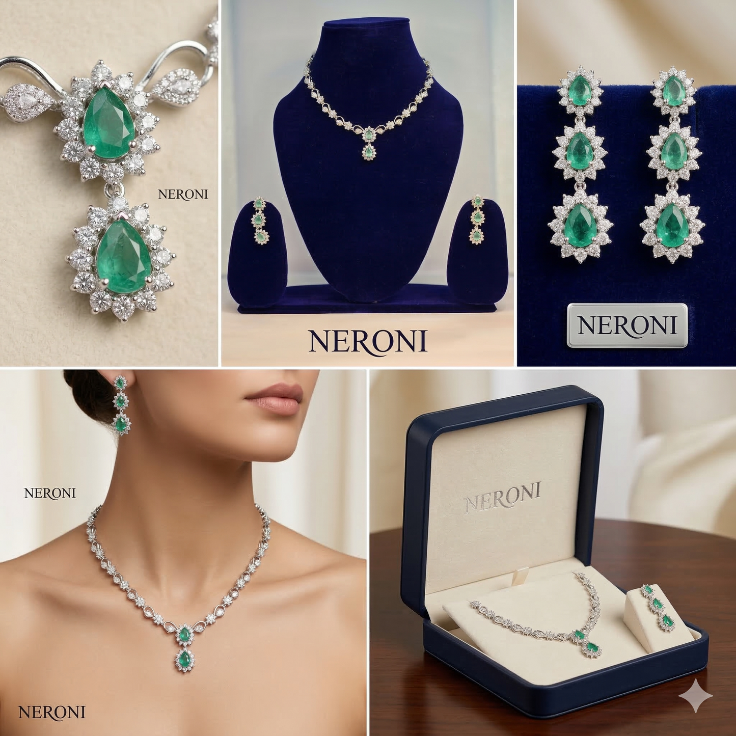 NERONI Emerald Teardrop CZ Necklace Set – Silver-Plated Crystal Necklace with Long Earrings