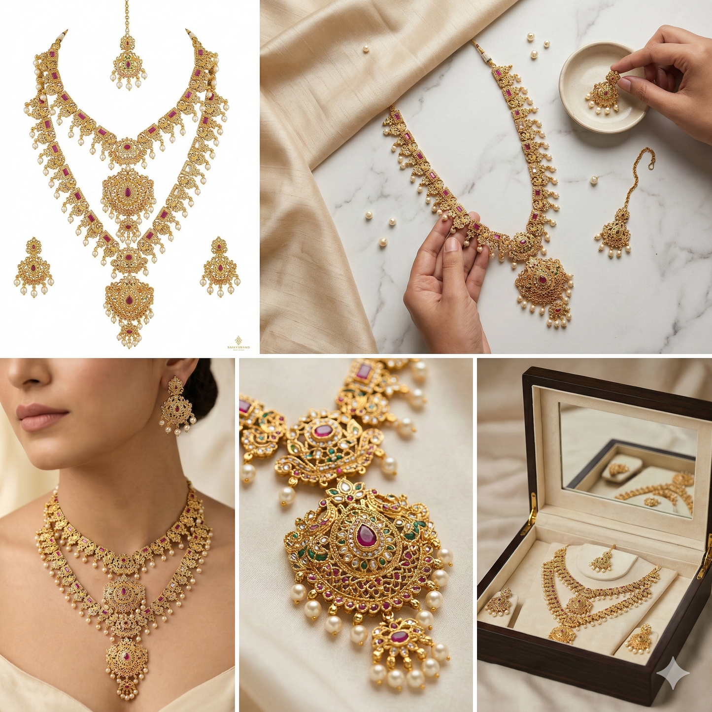 NERONI Grand Triple-Layer Temple Combo Set – Gold-Plated Ruby Stone Haram with Earrings & Maang Tikka