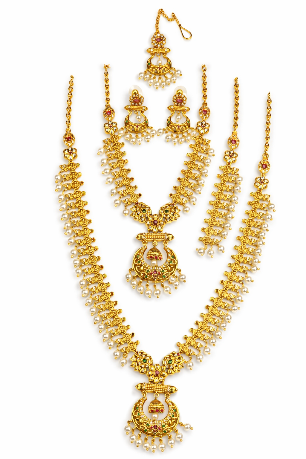 NERONI Grand Layered Combo Set – Gold-Plated Temple Haram with Earrings & Maang Tikka