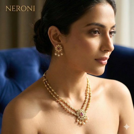 NERONI Ruby Floral Layered Necklace Set – Gold-Plated Double Chain Pendant with Earrings