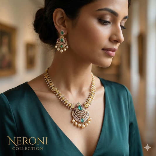 NERONI Emerald Chandbali Pendant Necklace Set – Gold-Plated CZ Necklace with Earrings
