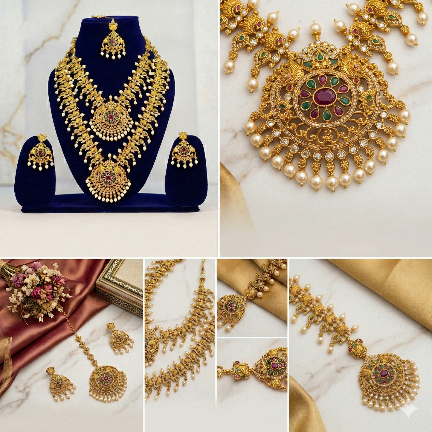 NERONI Royal Peacock Temple Double-Layer Combo Set – Gold-Plated Haram with Earrings & Maang Tikka