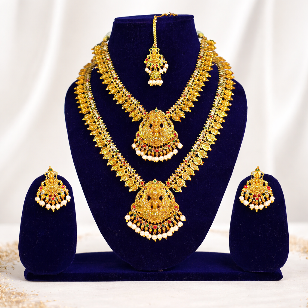 NERONI Traditional Temple Double-Layer Combo Set – Gold-Plated Lakshmi Haram with Earrings & Maang Tikka