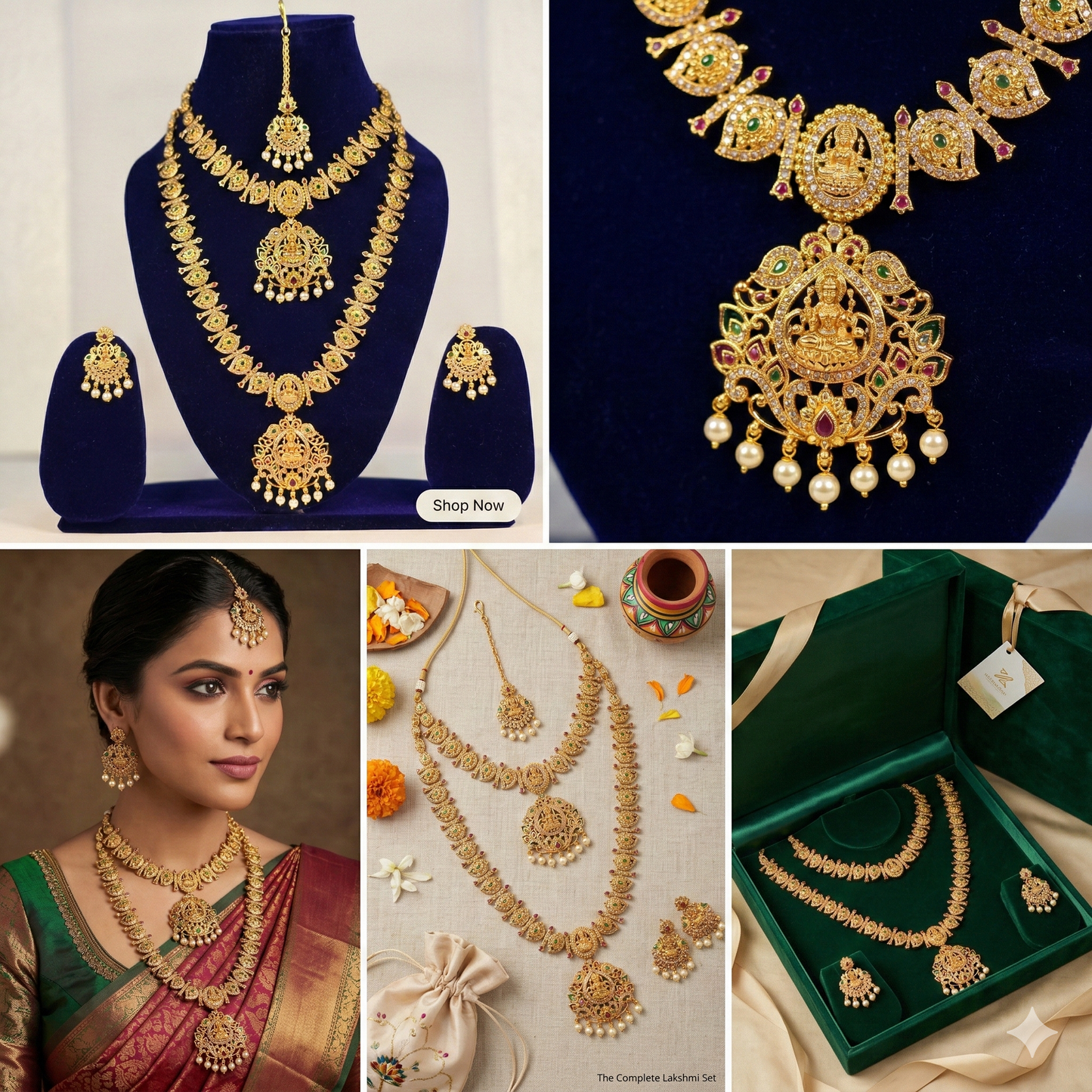 NERONI Divine Lakshmi Temple Double-Layer Combo Set – Gold-Plated Haram with Earrings & Maang Tikka