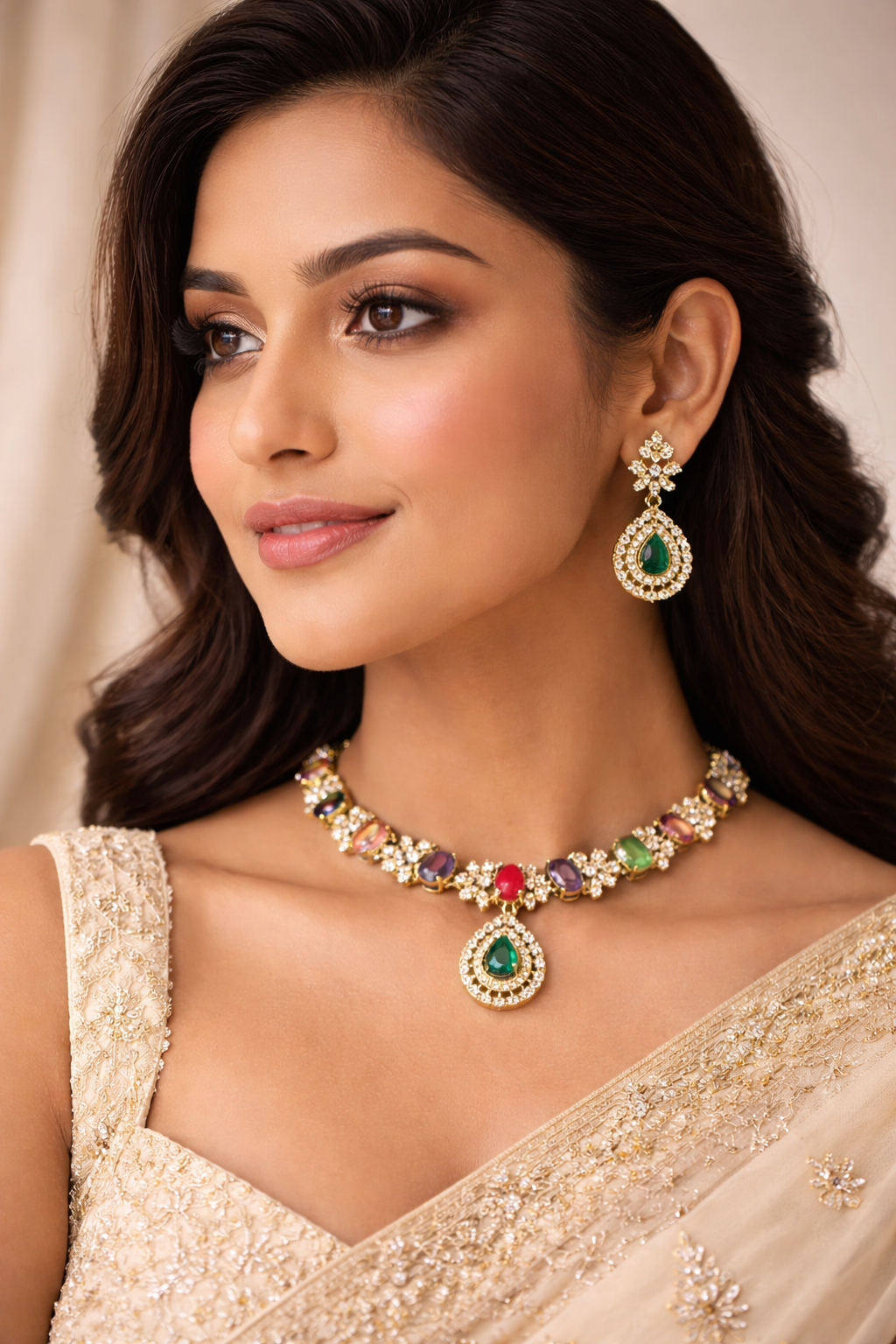 Neroni Multicolour CZ Choker Necklace Set with Earrings