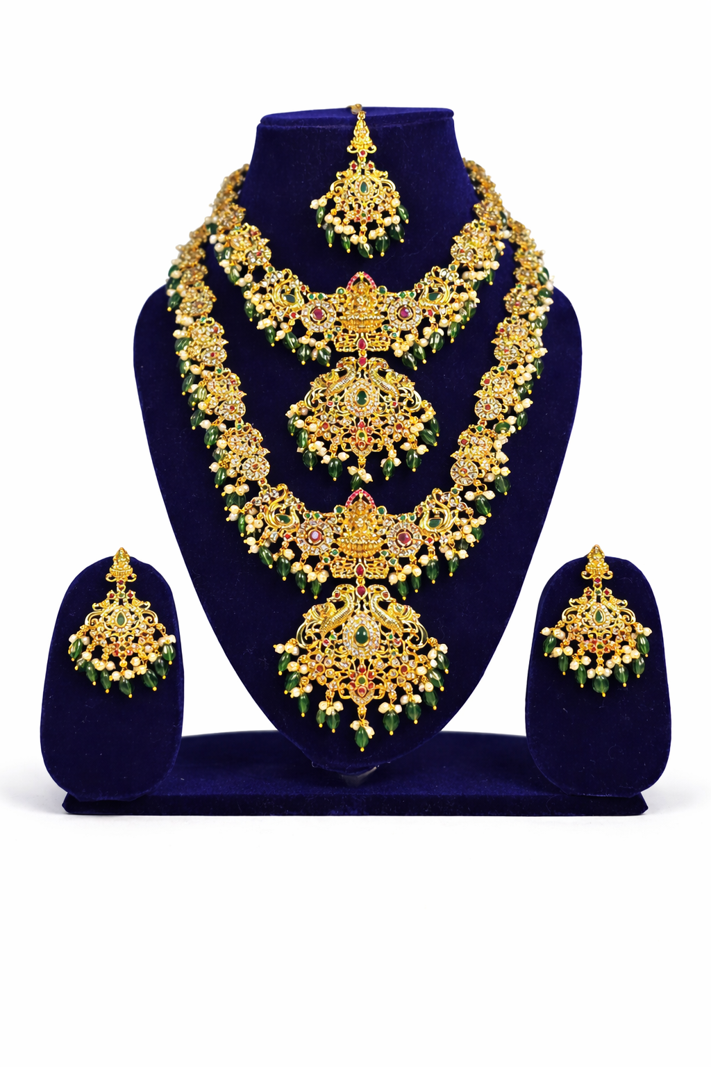 NERONI Grand Temple Layered Combo Set – Gold-Plated Haram with Malachite Green Beads, Earrings & Maang Tikka