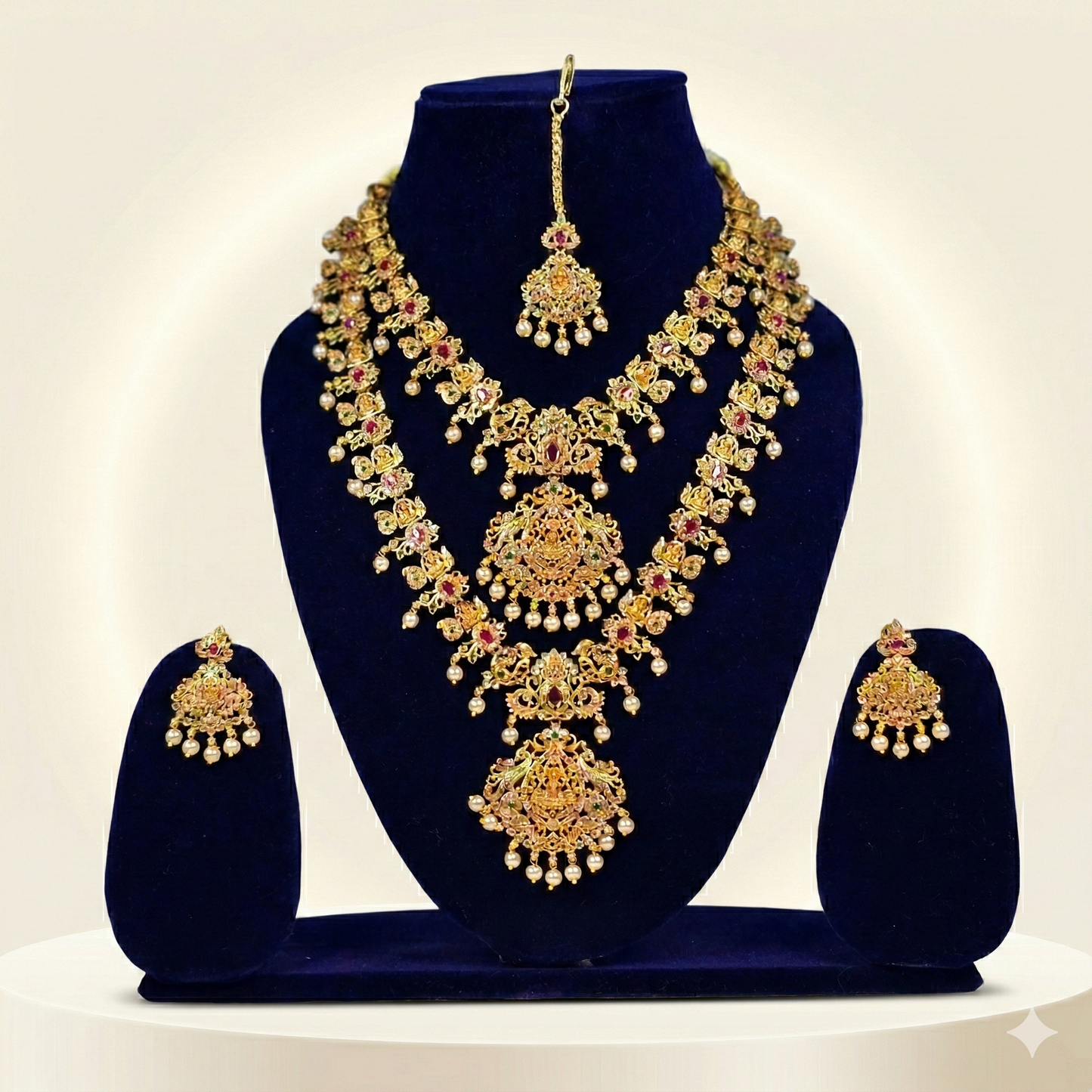 NERONI Royal Heritage Multi-Layer Temple Combo Set – Gold-Plated Ruby Stone Haram with Earrings & Maang Tikka