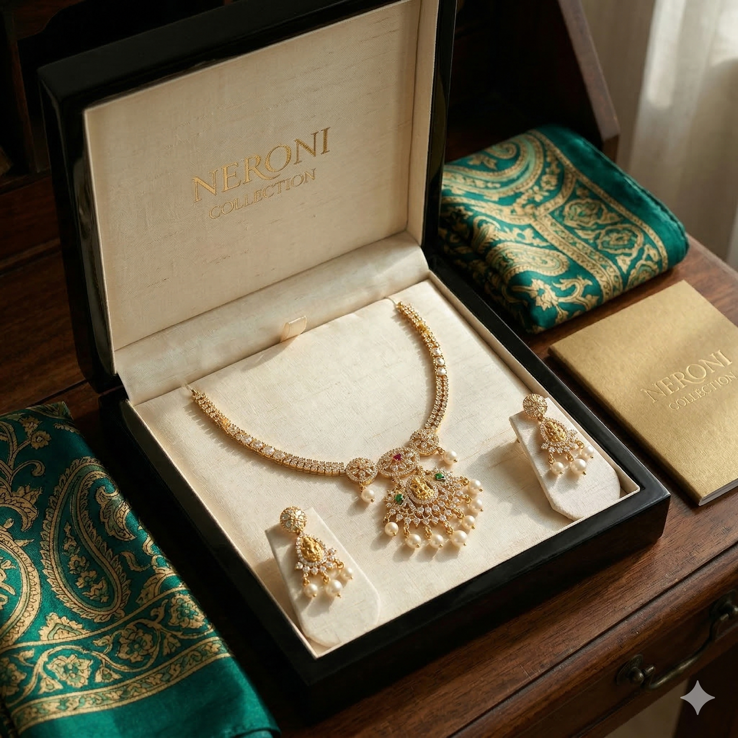 NERONI Temple Lakshmi Pendant Necklace Set – Gold-Plated CZ Necklace with Pearl Drops