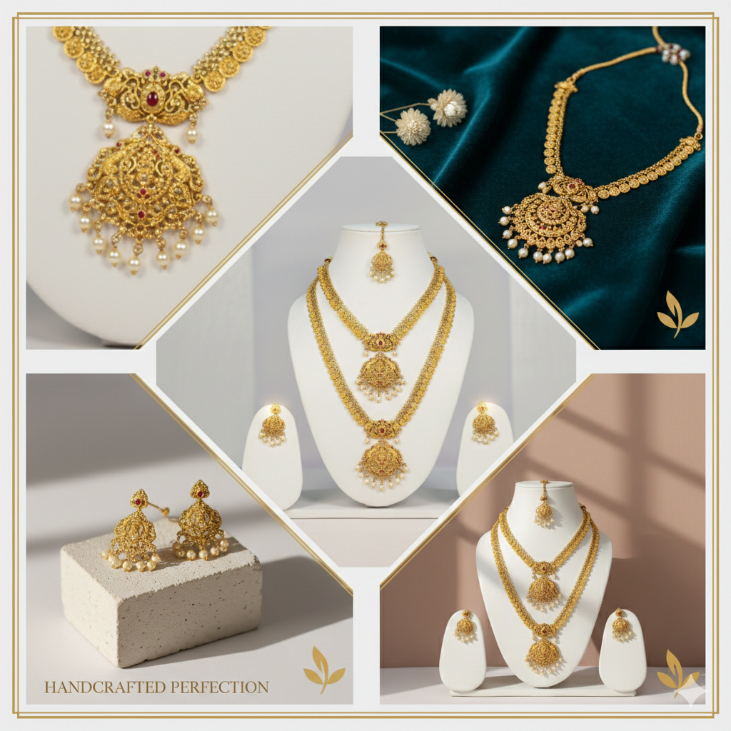 NERONI Royal Double-Layer Temple Combo Set – Gold-Plated Haram with Earrings & Maang Tikka