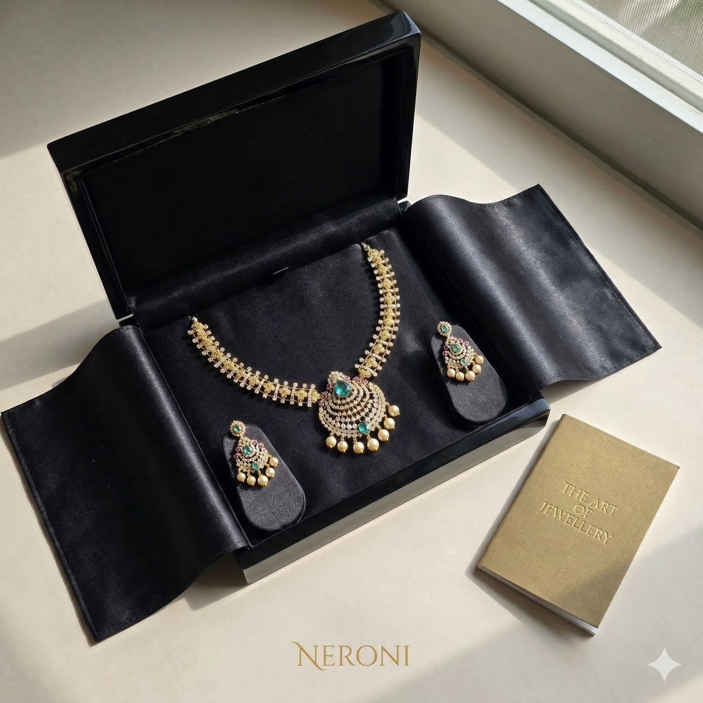 NERONI Emerald Chandbali Pendant Necklace Set – Gold-Plated CZ Necklace with Earrings