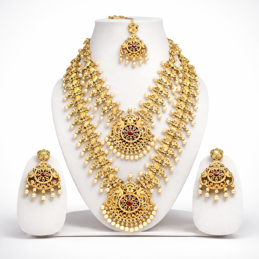 NERONI Royal Peacock Temple Double-Layer Combo Set – Gold-Plated Haram with Earrings & Maang Tikka