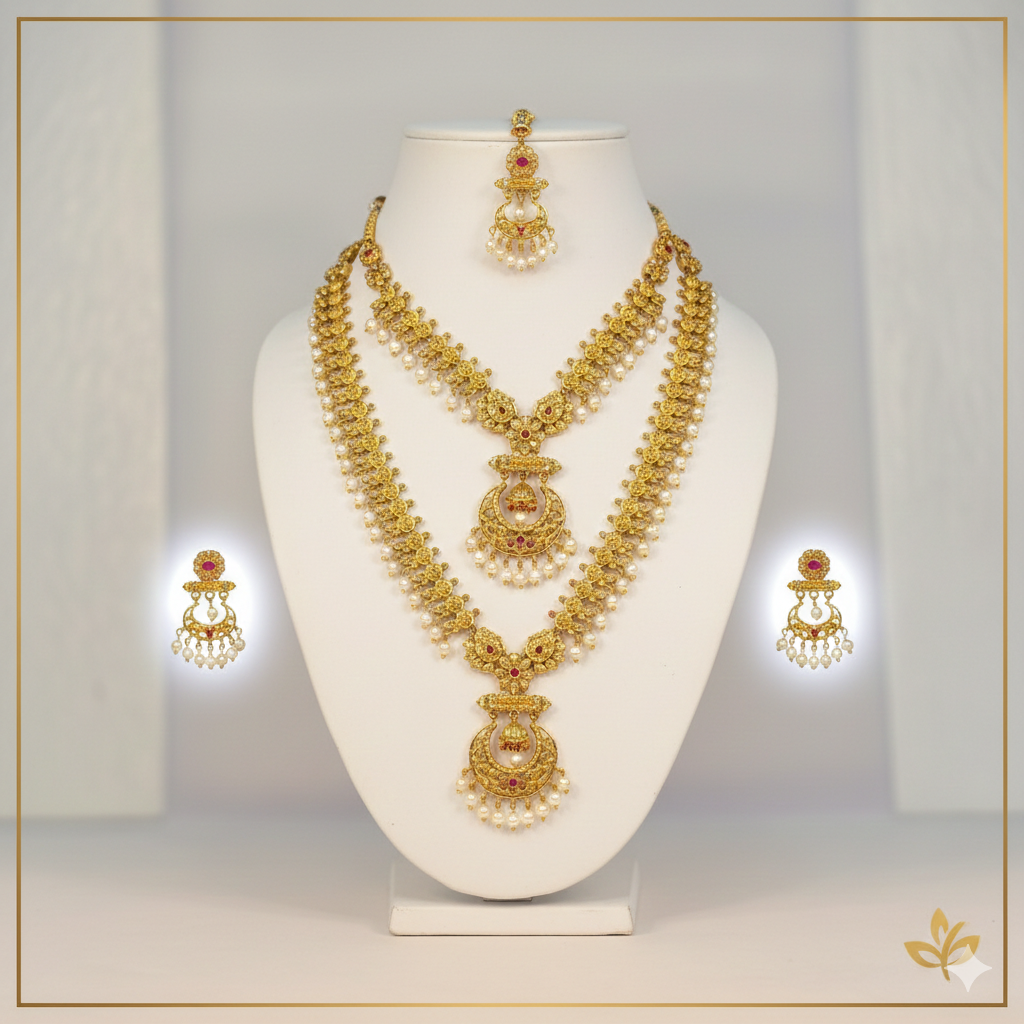 NERONI Grand Layered Combo Set – Gold-Plated Temple Haram with Earrings & Maang Tikka