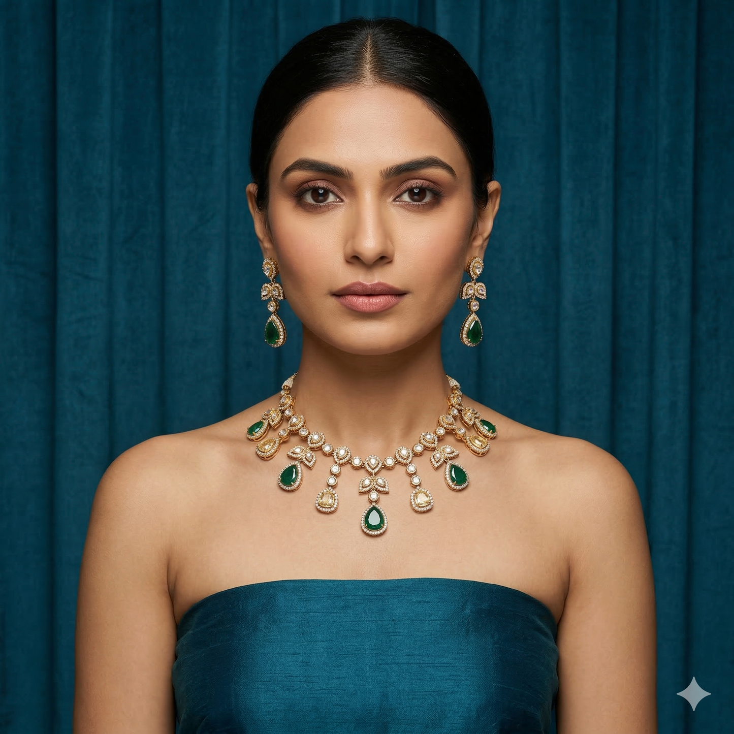 NERONI Emerald Drop CZ Necklace Set – Gold-Plated Crystal Necklace with Earrings