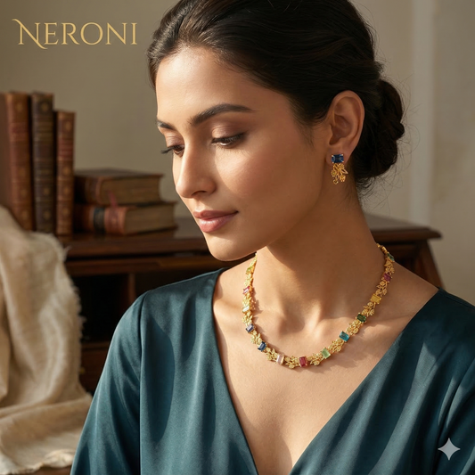 NERONI Multicolor Gemstone Necklace Set – Minimal Gold-Plated Crystal Necklace with Earrings