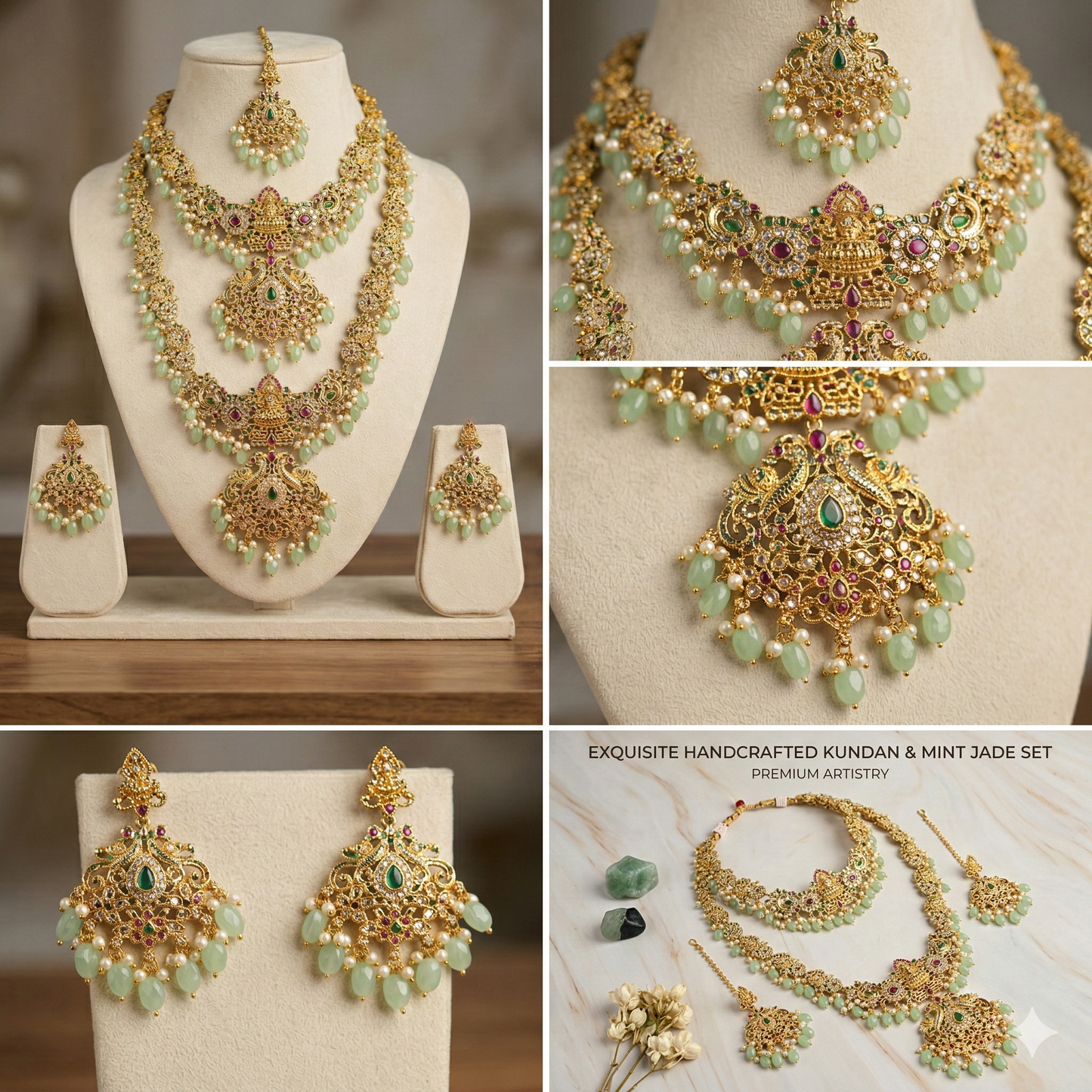 NERONI Grand Temple Layered Combo Set – Gold-Plated Haram with Light Green Beads, Earrings & Maang Tikka