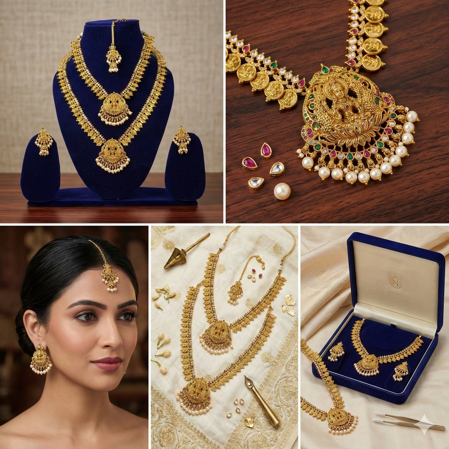 NERONI Traditional Temple Double-Layer Combo Set – Gold-Plated Lakshmi Haram with Earrings & Maang Tikka