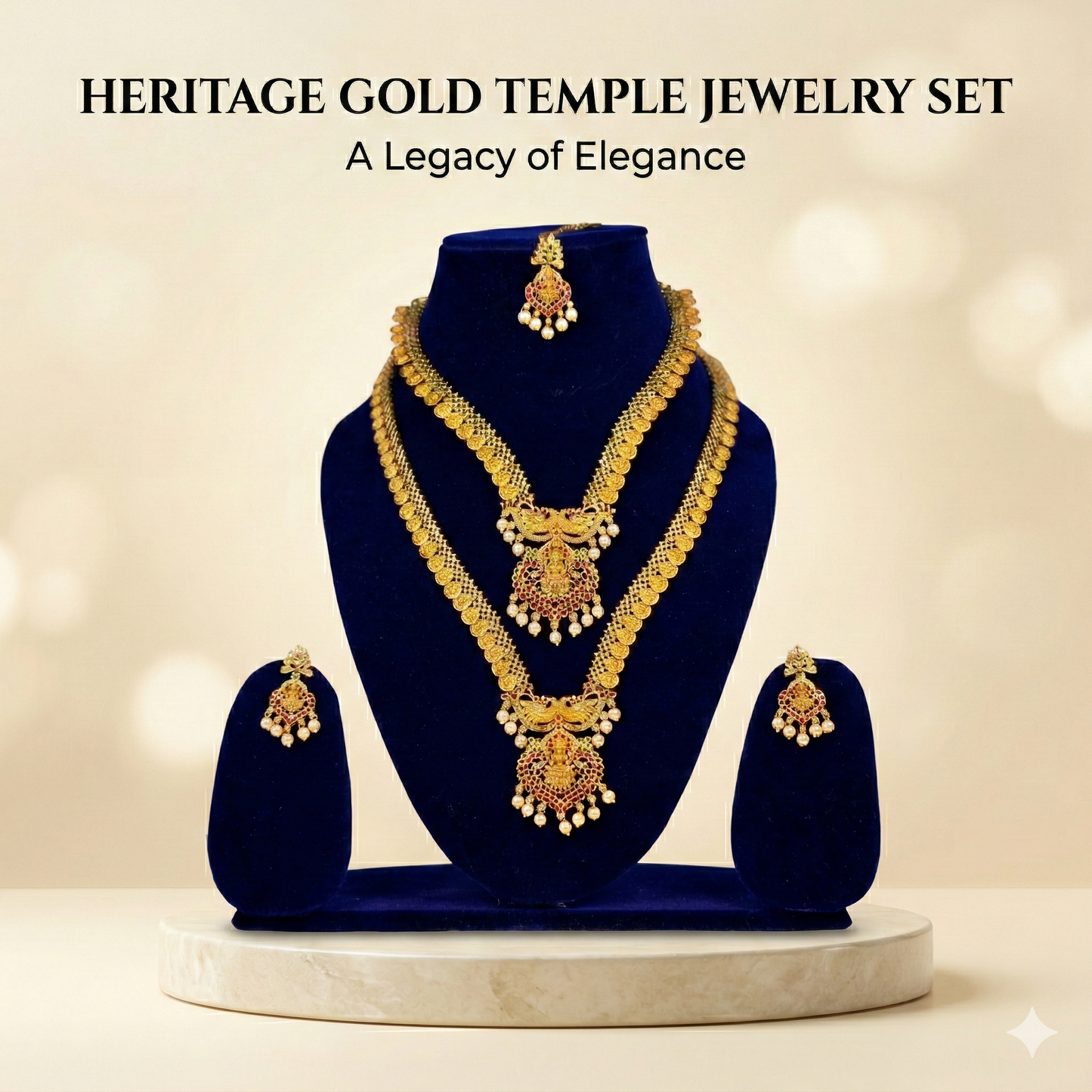 NERONI Royal Twin-Haram Temple Combo Set – Gold-Plated Coin Chain with Ruby Heart Pendants, Earrings & Maang Tikka