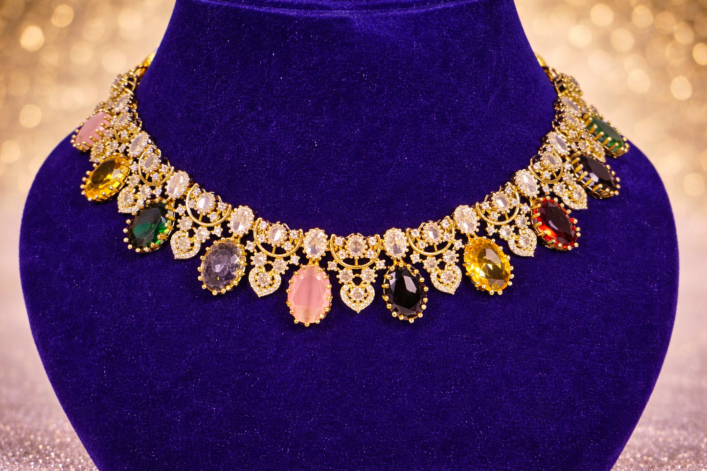 NERONI Gold-Plated Multicolor CZ Designer Choker Necklace Set – Luxury Statement Jewellery