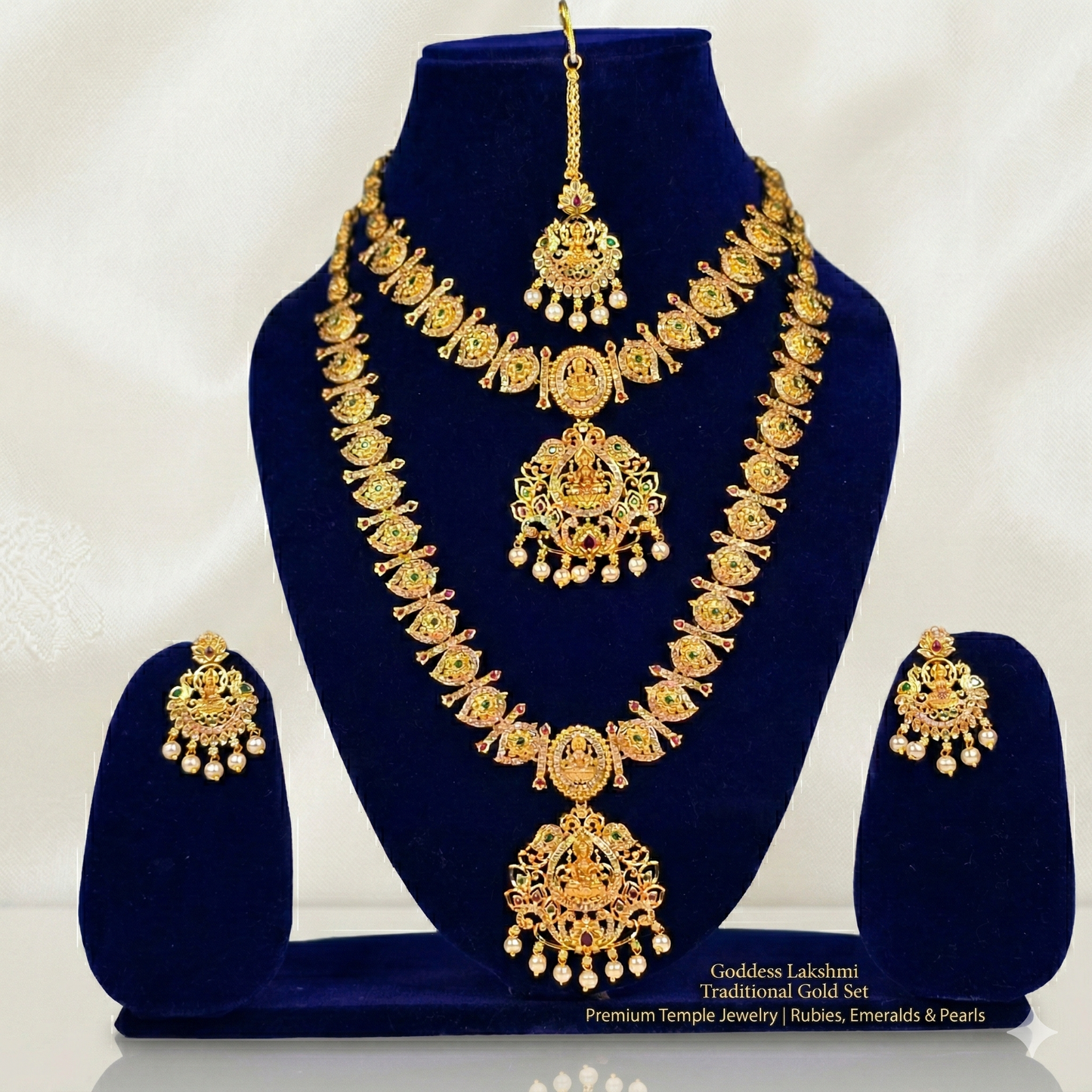 NERONI Divine Lakshmi Temple Double-Layer Combo Set – Gold-Plated Haram with Earrings & Maang Tikka