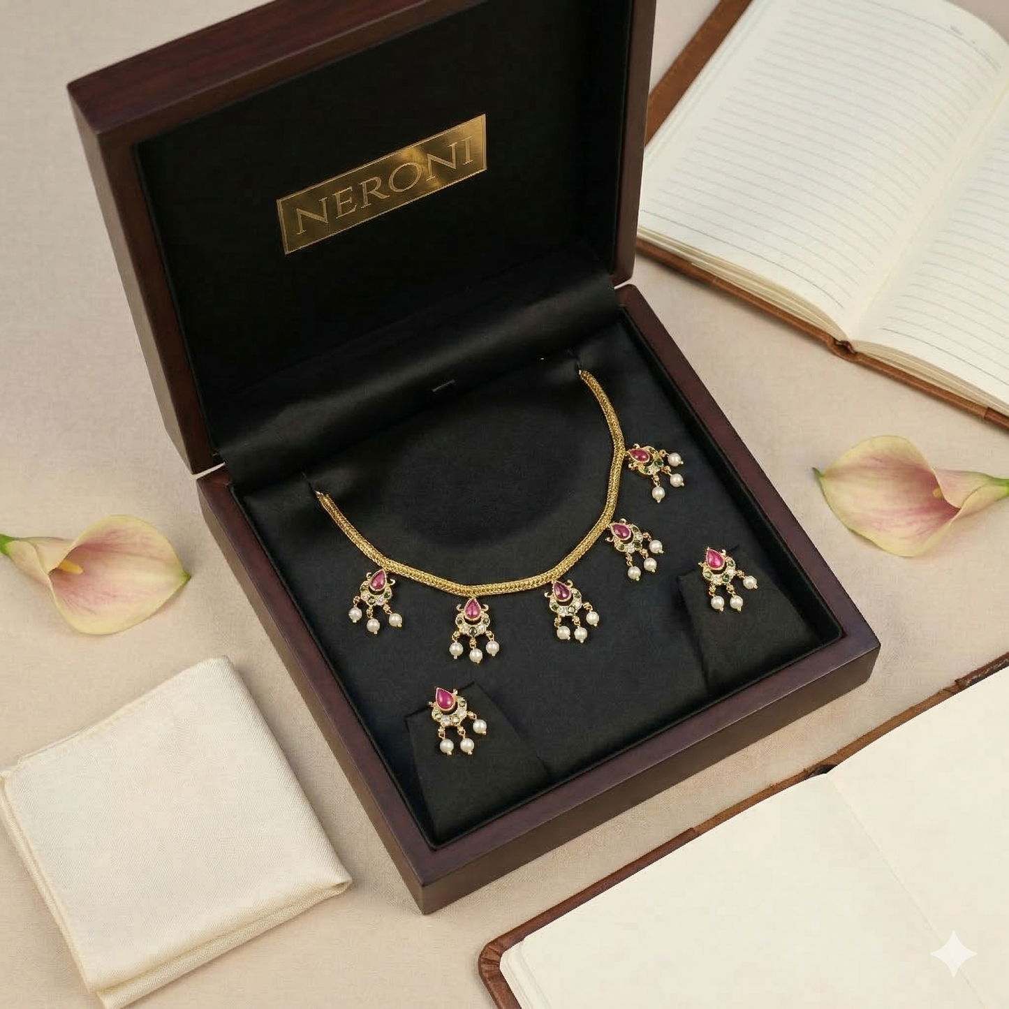 NERONI Ruby Drop Pearl Necklace Set – Gold-Plated Traditional Pendant Necklace with Earrings