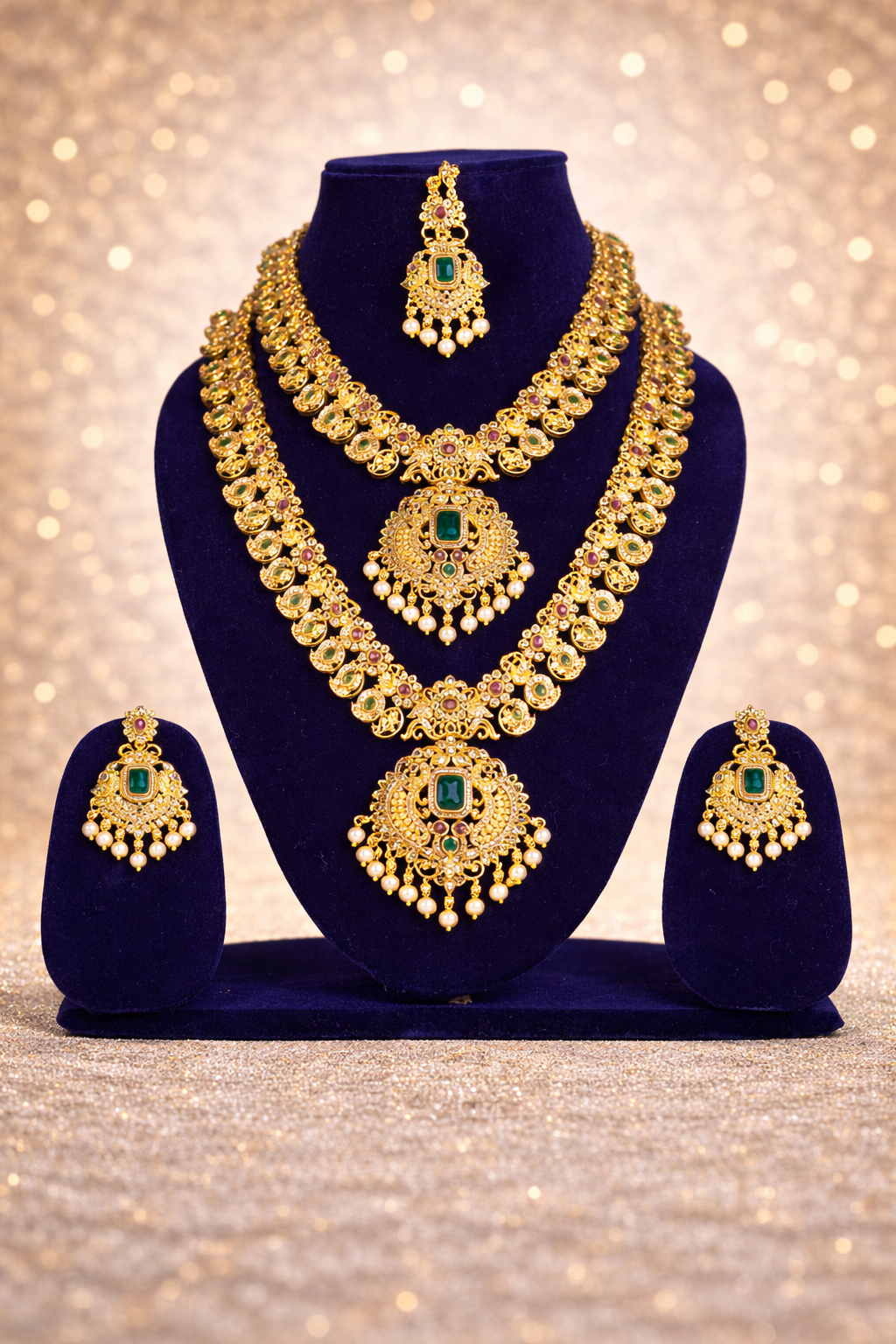 NERONI Grand Temple Double-Layer Combo Set – Gold-Plated Emerald Stone Haram with Earrings & Maang Tikka