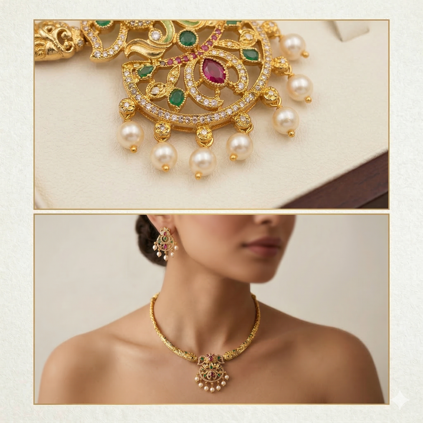 NERONI Antique Ruby & Emerald Temple Necklace Set – Gold Plated Traditional Pearl Drop Jewellery
