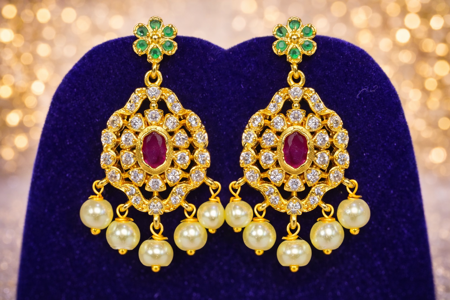 NERONI Gold-Plated Ruby & Emerald CZ Pearl Choker Necklace Set – Royal Bridal Design