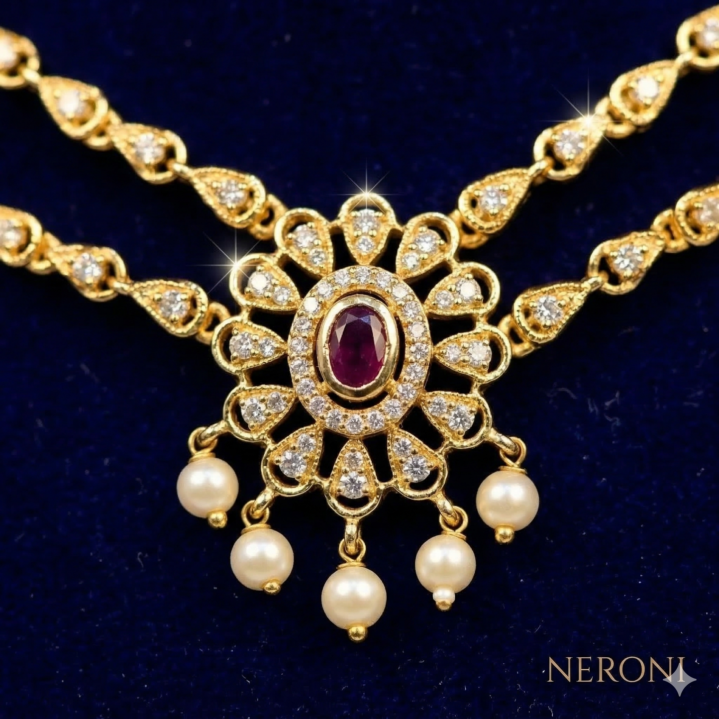 NERONI Ruby Floral Layered Necklace Set – Gold-Plated Double Chain Pendant with Earrings