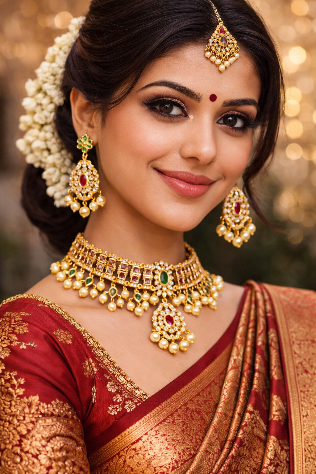 NERONI Gold-Plated Ruby & Emerald CZ Pearl Choker Necklace Set – Royal Bridal Design