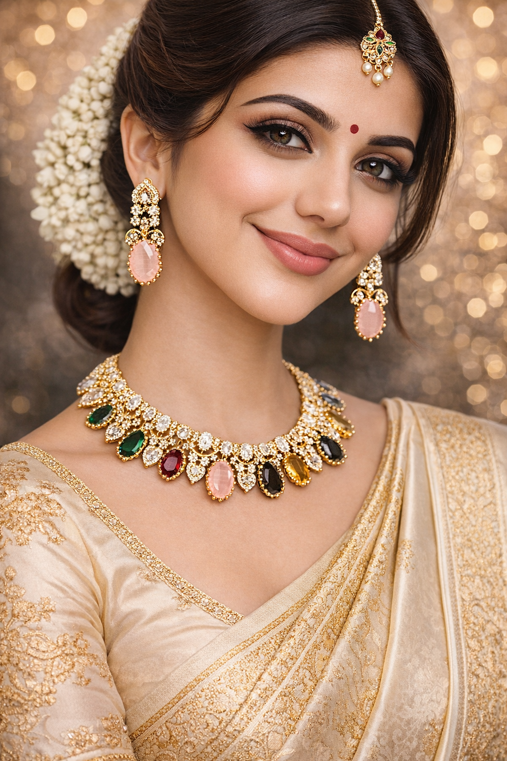 NERONI Gold-Plated Multicolor CZ Designer Choker Necklace Set – Luxury Statement Jewellery