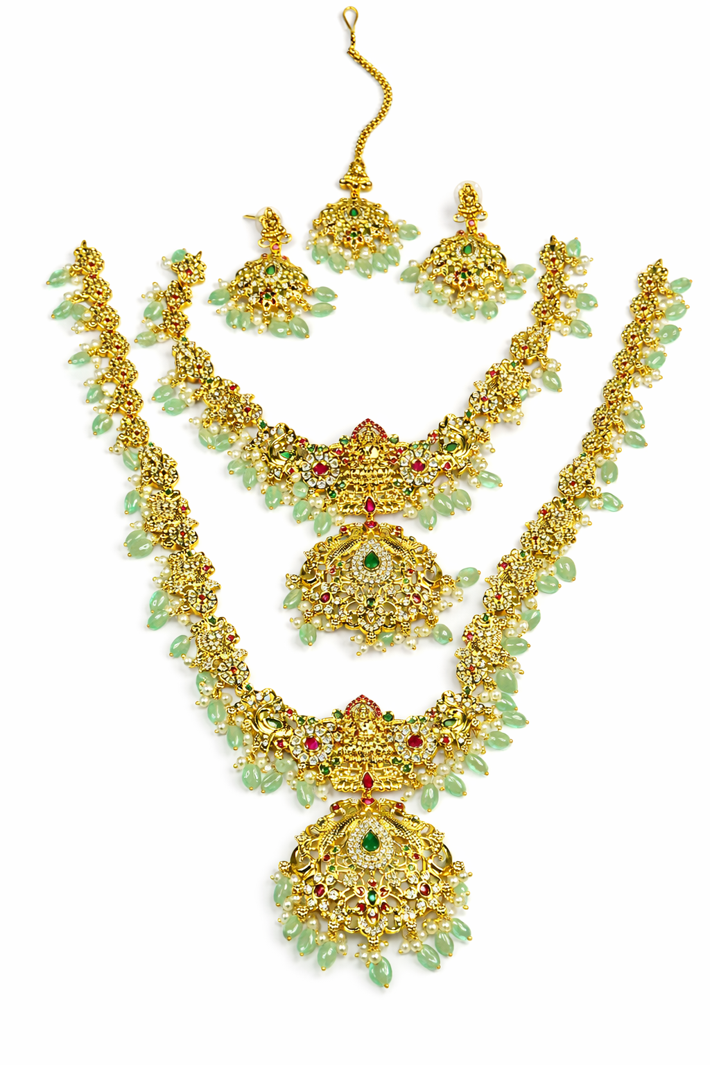 NERONI Grand Temple Layered Combo Set – Gold-Plated Haram with Light Green Beads, Earrings & Maang Tikka