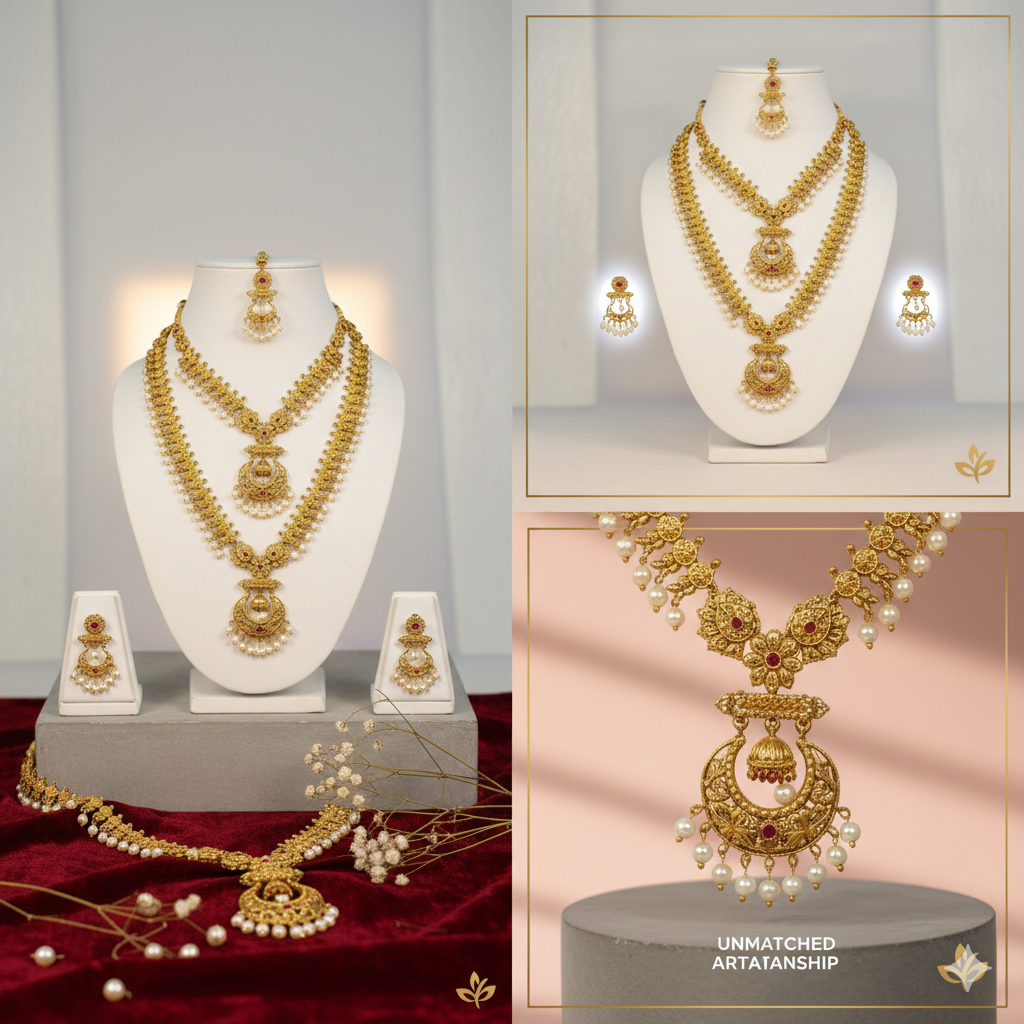 NERONI Grand Layered Combo Set – Gold-Plated Temple Haram with Earrings & Maang Tikka