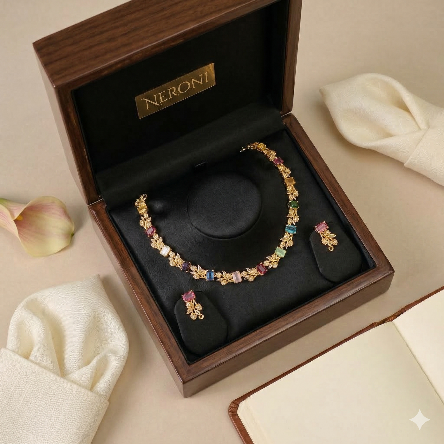 NERONI Multicolor Gemstone Necklace Set – Minimal Gold-Plated Crystal Necklace with Earrings