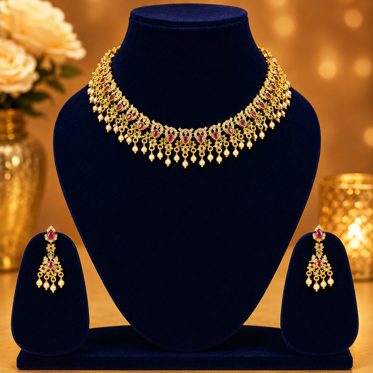 NERONI Royal Ruby Pearl Choker Necklace Set – Traditional Gold Finish Jewellery