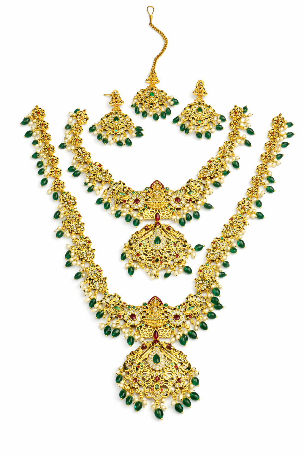 NERONI Grand Temple Layered Combo Set – Gold-Plated Haram with Malachite Green Beads, Earrings & Maang Tikka