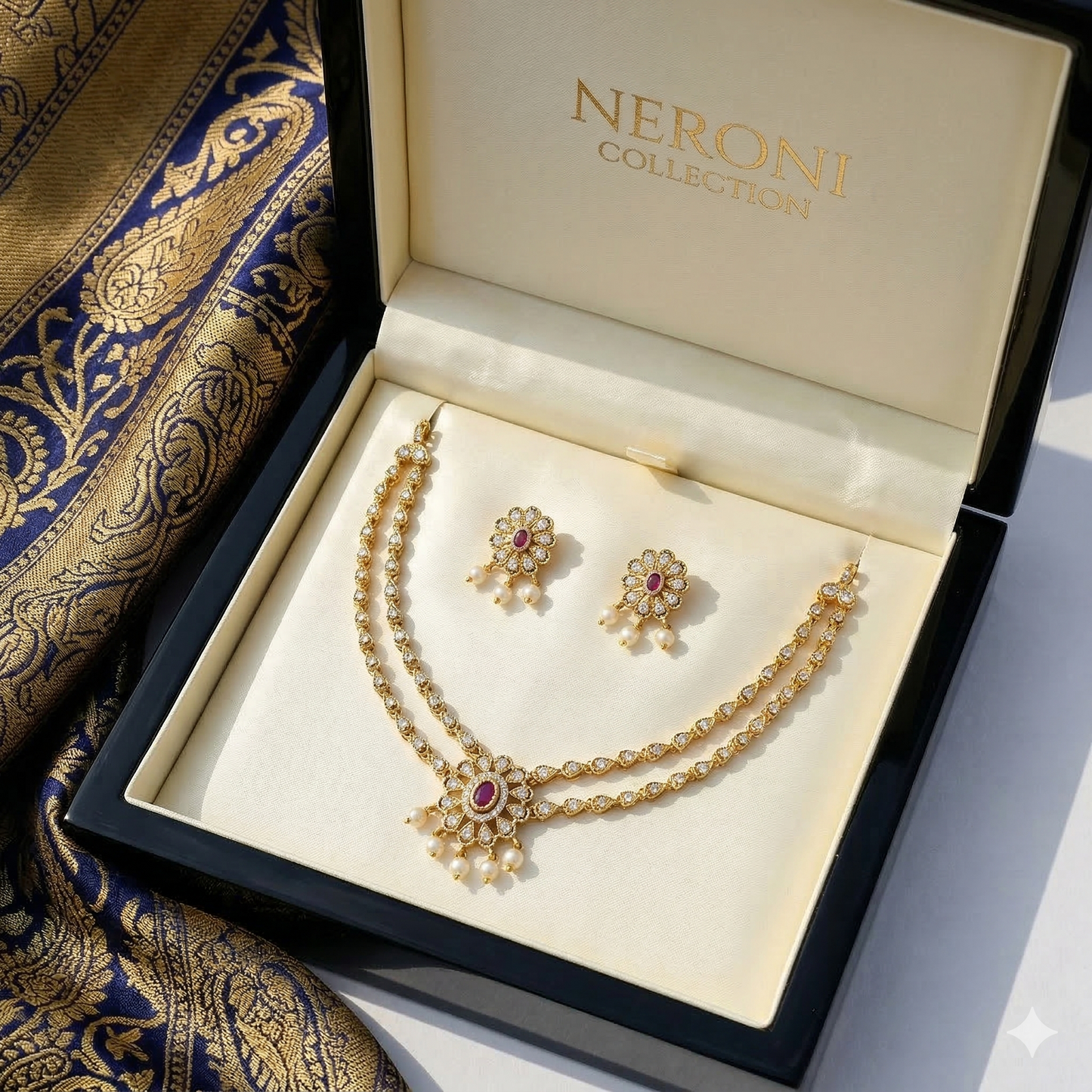 NERONI Ruby Floral Layered Necklace Set – Gold-Plated Double Chain Pendant with Earrings