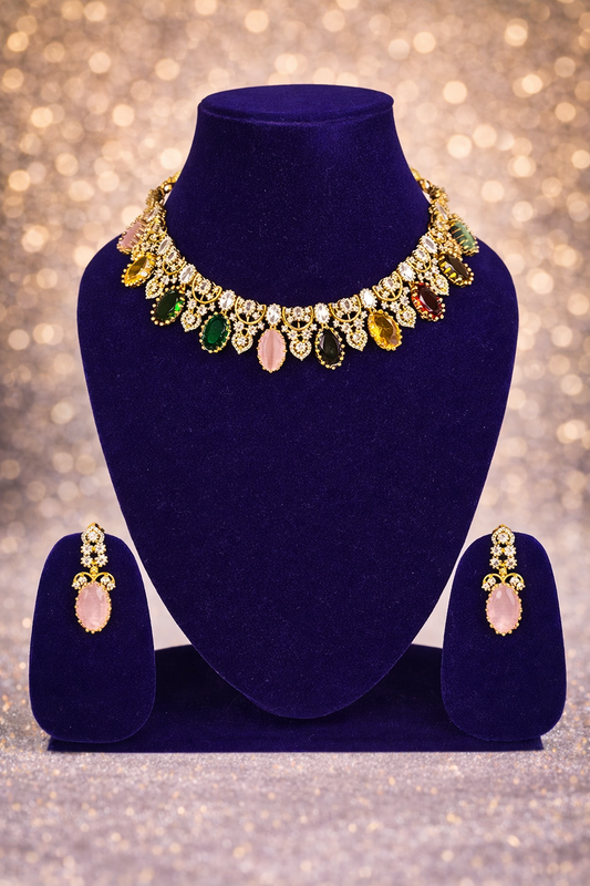 NERONI Gold-Plated Multicolor CZ Designer Choker Necklace Set – Luxury Statement Jewellery
