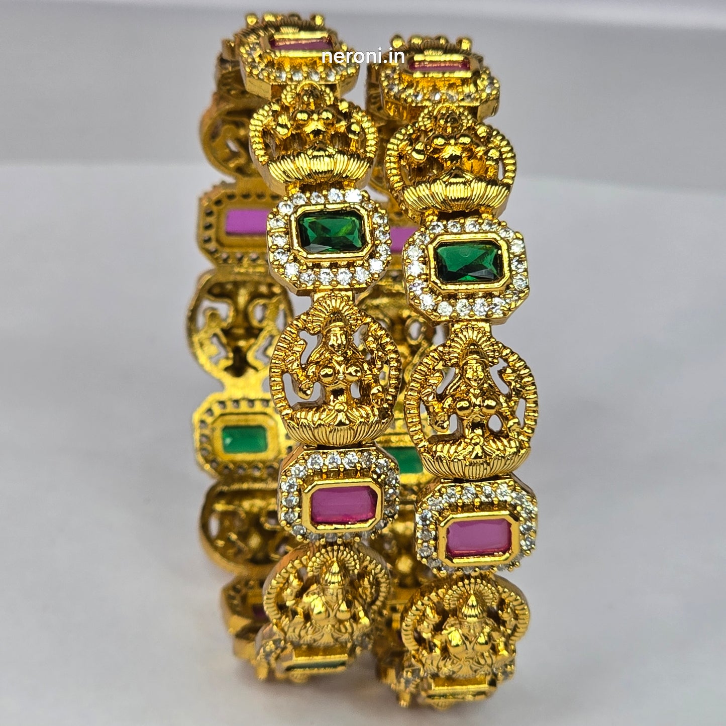 Neroni Temple Elegance Bangles – Gold Finish with Green & Ruby Stones