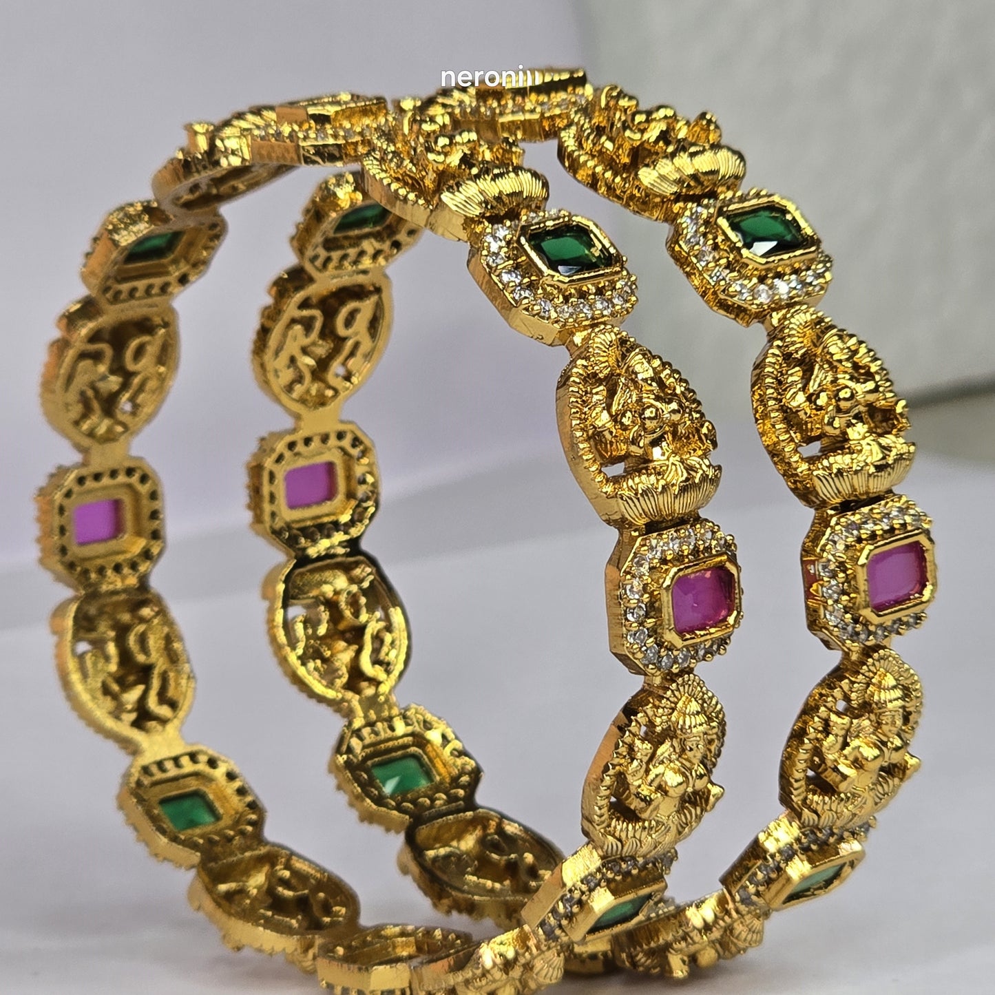 Neroni Temple Elegance Bangles – Gold Finish with Green & Ruby Stones