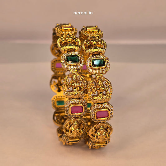 Neroni Temple Elegance Bangles – Gold Finish with Green & Ruby Stones